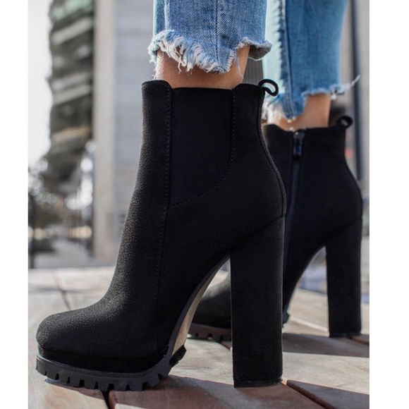 Black Ankle High Chunky Heel Booties - Picture 3 of 7